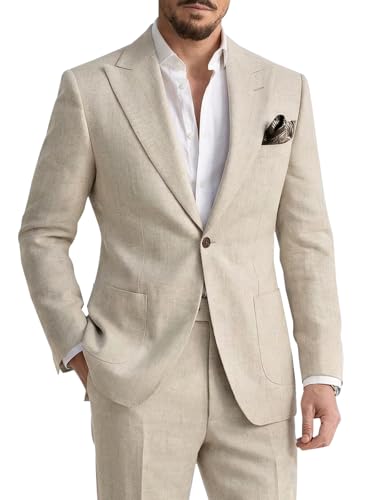 Tiefony Linen Men Suit 2 Pieces Wedding Suits Summer Slim Fit Lightweight Linen Suit Jacket Pant Tuxedo Beige S