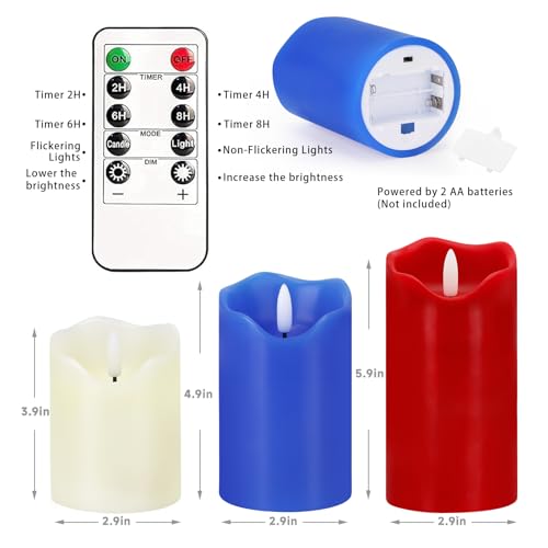Image of VEEKI 4th of July Flameless Candles, Set of 3 Patriotic LED Candles with Remote & Timer, Flickering Electric Pillar Candles Battery Operated, Red White Blue Candles for Home Independence Day Decor