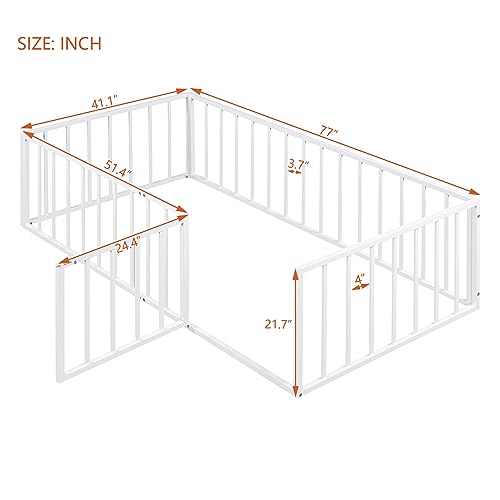 Image of Twin Size Floor Bed for Kids, Montessori Beds with Rails and Door, Metal Playhouse Bed Frame with Fence for Boys Girls, White