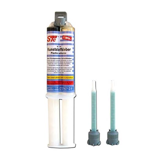 STC 2K PUR Kunststoffkleber kfz Speed 1 Min. (ca. 30 Sek. Verarbeitungszeit) Doppelspritze 25 g inkl. 2 Mischerspitzen Industriekleber 1:1 schwarz Kunststoffreparatur