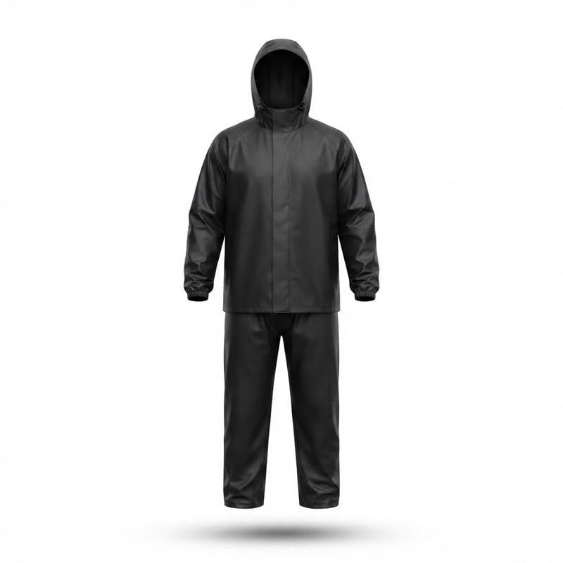 elevea 𝟏 𝐘𝐞𝐚𝐫 𝐖𝐚𝐫𝐫𝐚𝐧𝐭𝐲 Black Waterproof Raincoat Suit for Men, Hooded Jacket & Trouser Set, Lightweight Windproof Rainwear for Motorcycle Riding, Travel-picture-7