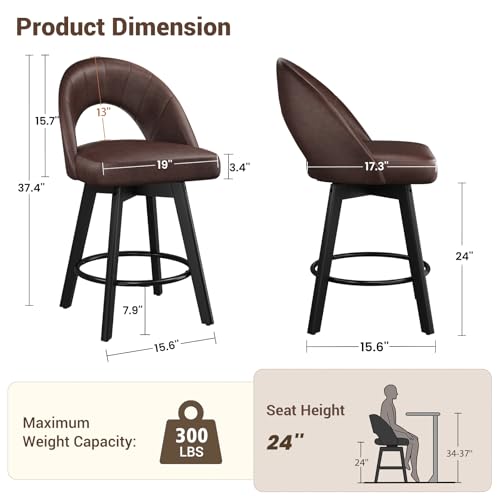 Image of YaFiti 24 inch Counter Height Bar Stools Set of 2, Modern Swivel Bar Stools with Ergonomic Curved Back, Faux Leather Seat & Solid Wood Legs, Saddle Brown