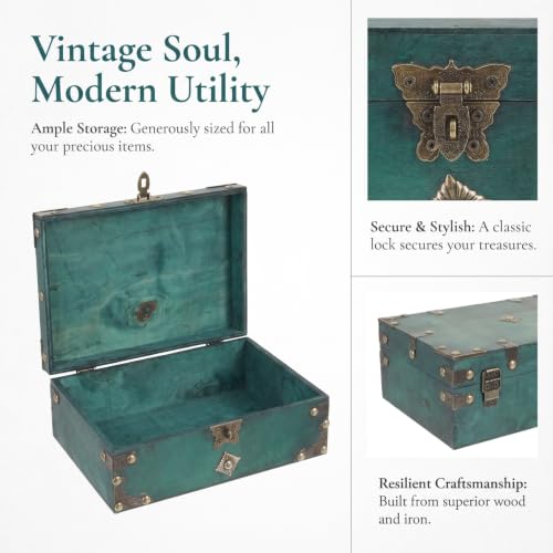Cabilock Vintage Wooden Jewelry Storage Box, Antique Old Decorative Storage Organizer, Jewelry Treasure Chest with Lock Decor for Keepsakes Photos Diy Crafts, Green by Cabilock - Used condition - Image 6