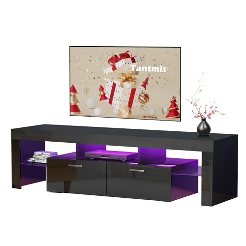 Tantmis Black LED TV Stand for 55/65/70/75 inch TV, TV Media Center, Modern Entertainment Center with Large Storage for Living Room, Bedroom, Gaming TV Stand, 63'W*14'D*18'H