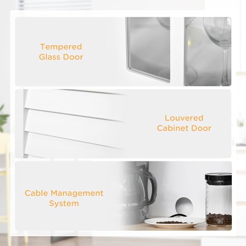 HOMCOM Kitchen Cupboard, Free Standing Kitchen Unit, Tall Storage Cabinet with Louvered Doors, Glass Doors and 2 Drawers, White - Image 6