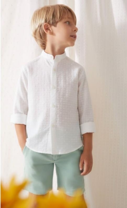 Image of A.T.U.N. (ALL THINGS UBER NICE) Boys 100% Cotton Band Collar Shirt | Soft Fabric with Button Front Style & Roll-Up Sleeves | Comfortable Casual Kids Shirt