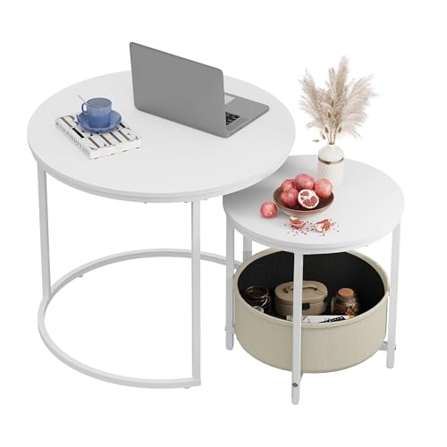 Image of WLIVE Round Coffee Table Set of 2, 60X60X51cm Nesting Tables with Ample Storage, Wooden Wide Side Table with Sturdy Metal Frame for Living Room or Office, White