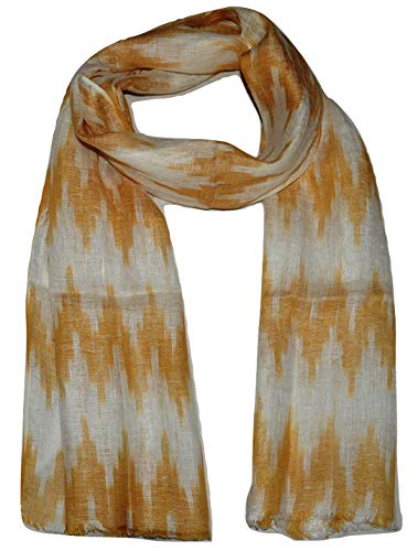 100% Pure Linen Scarf, IKAT Weave, Horizontal Zig Zag Stripes. Linen Scarf. (Gold)