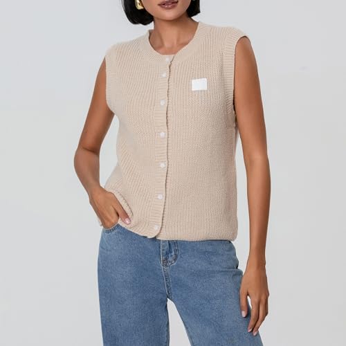 Image of Women Chunky Button Sweater Vest Sleeveless Round Neck Rib Knitted Tank Top Y2k Knitted Cardigan Vest Shirt
