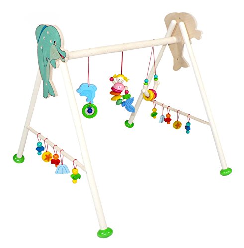 Preisvergleich Produktbild Hess Holzspielzeug 13375 - Spielgerät aus Holz, Serie Nixe, für Babys, handgefertigter Spielbogen mit farbenfrohen Figuren und Rasseln, ca. 62 x 57 x 55 cm