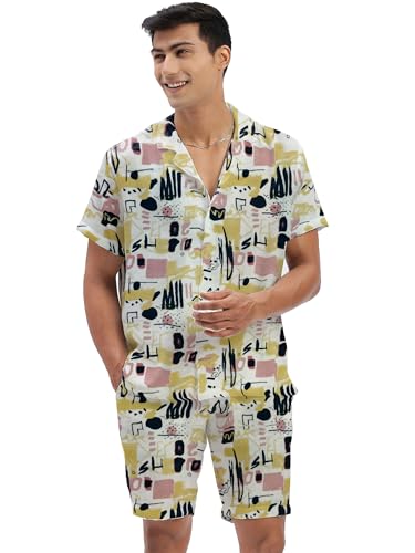 Image of Amazon Brand - Anarva Mens Camouflage Printed Co-ord Set | Half Sleeve Shirt and Shorts Set | Casual Summer Outfit for Beach, Travel, Vacation -