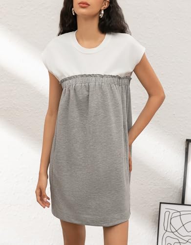Image of Ladyful Women's Sleeveless Sweatshirt Dress Patchwork Cotton Shift Mini Dress Flowy A Line Tunic Sundress