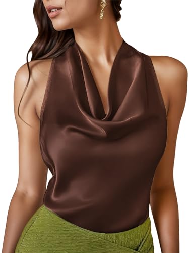 LAOTEPO Cowl Neck Halter Tops for Women Silk Satin Going Out Tank Top Trendy Summer Camisole Business Casual Blouses Outfits Brown