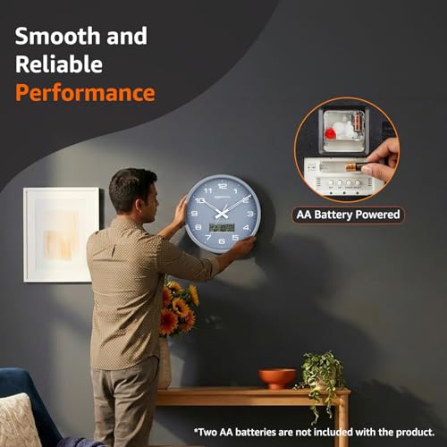 Image of Amazon Basics 12.5 Inch Analog Digital Wall Clock with LCD Display | Day Date Month Temperature | Silent Sweep Quartz Movement | Large Easy Read Numbers | Dual Battery Operated for Home Office (Grey)