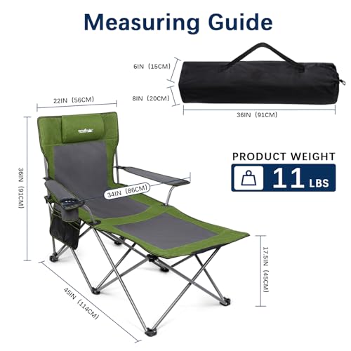 Image of apollo walker Reclining Beach Chair, Adjustable 90-135 Backrest Camping Lounge Chairs for Adults, Folding Chair with Foot Rest & Detachable Pillow - Standard 6-Leg, Green