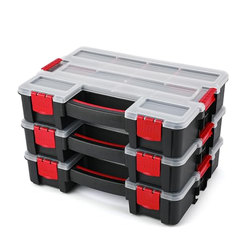 KOADOA Tool Box with Transparent Lids, Small Parts Toolbox with Removable Dividers, Durable Plastic Hardware Organizer with 10 Compartments for Nuts Bolts Screws Nails (3, Black) 1 KOADOA Tool Box with Transparent Lids, Small Parts Toolbox with Removable Dividers, Durable Plastic Hardware Organizer with 10 Compartments for Nuts Bolts Screws Nails (3, Black)