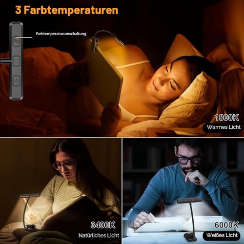 Gritin Leselampe Buch Klemme, USB Wiederaufladbare Buchlampe mit 19 LEDs, 3 Farbtemperatur Modi, Lange Laufzeit, Stufenlose Helligkeit Klemmlampe, 360° Flexibel Klemmleuchte für Nachtlesen ins Bett 3