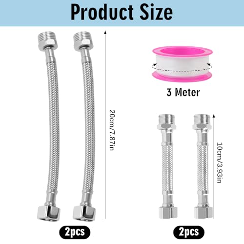4 Stück Flexschlauch 3/8 Wasserhahn Schlauch Verlängerung, G3/8 Edelstahl Geflochtener Flexibler Armaturenschlauch für Wasserhahn Eckventil Wassererhitzer (20cm/10cm)