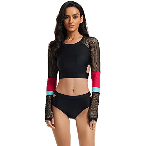 Traje De Baño De Dos Piezas para Mujer Rash Guard Traje De Baño De Manga Larga Traje De Baño De Surf Top Y Pantalón Corto,Black 3,M Cover