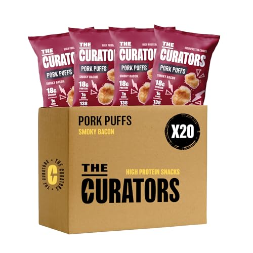 THE CURATORS High Protein Pork Puffs, Smoky Bacon, 25g (20 Packs) 18g Protein Low Carb Keto Gluten Free Savoury Snack