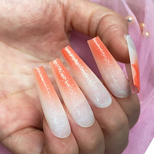 CINLITEK 24 Pcs Press on Nails Long Coffin Nails, Fake Nails Glue on Nails, Acrylic Nail Set False Nails with Glue and Sticky Tabs, Nail Tips Acrylic Nails for Women and Girls(Gradient Orange)