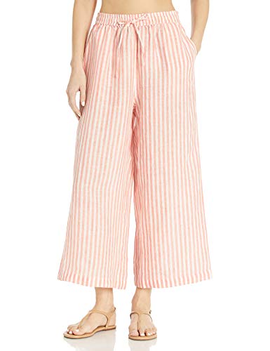 Seafolly Women's Crop Wide Leg Linen Beach Pant with Elastic Waist, Baja Stripe Vintage Coral, Large