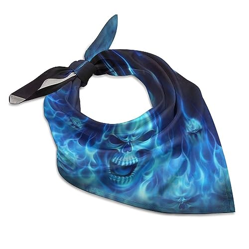Blue Flame Skull Silk Head Scarf Neckerchief Square Scarves Vintage Bandanas For Men Women