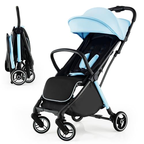 Homgx Lightweight Baby Stroller, Compact Travel Stroller for Airplane Friendly and Gravity Folding System, One-Hand Foldable Baby Stroller with Adjustable Canopy and Shock-Absorbing Wheels (Blue)