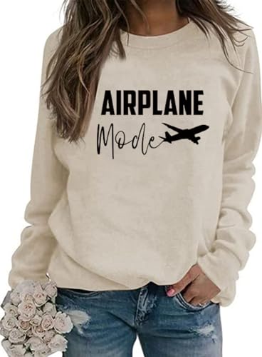 NIUPIHALA Women Airplane Mode Sweatshirt Funny Letter Print Travel Tops Casual Long Sleeve Spring Fall Pullover Top ApricotL