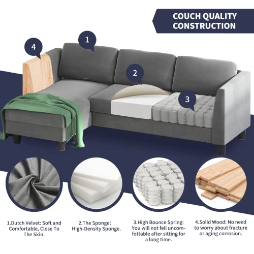 Zafly Convertible Sectional Sofa, 3 Seat Sofa With Reversible Chaise, Velvet Upholstered L Shaped Sofa Comfy Couch Living Room Sets For Small Space Living Room Bedroom (Light Grey) #TOP3