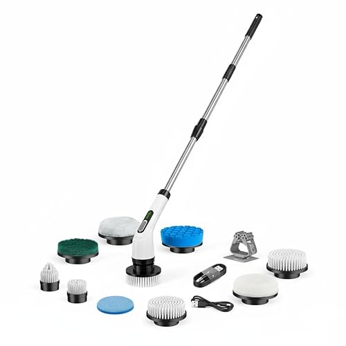 Limpiador eléctrico inalámbrico giratorio  IPX7 impermeable, pantalla LCD, 8 cabezales de cepillo, mango de extensión ajustable, para ducha, bañera,