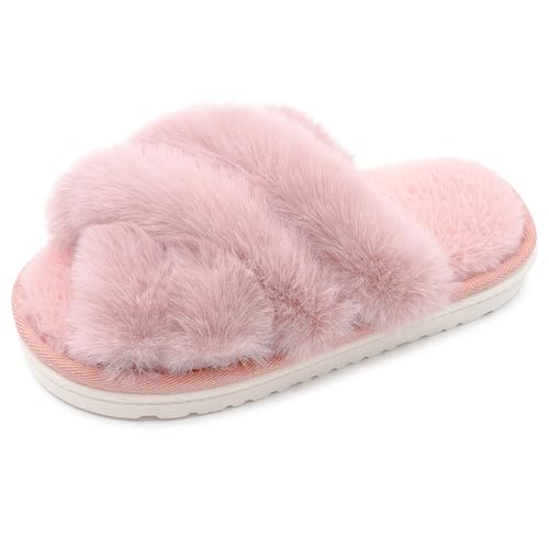 Women's Fuzzy Slippers Open Toe Plush House Shoes Soft Indoor Cozy Slide Sandals with Faux Fur Comfortable Warm Home Slides3