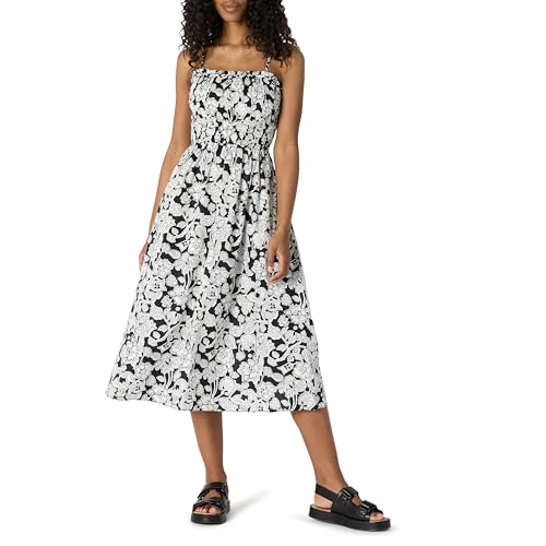 Amazon Essentials Damen Midikleid mit gesmoktem Mieder, Normale Passform, schwarzes Elfenbein, Folk-Blumenmuster, Größe M