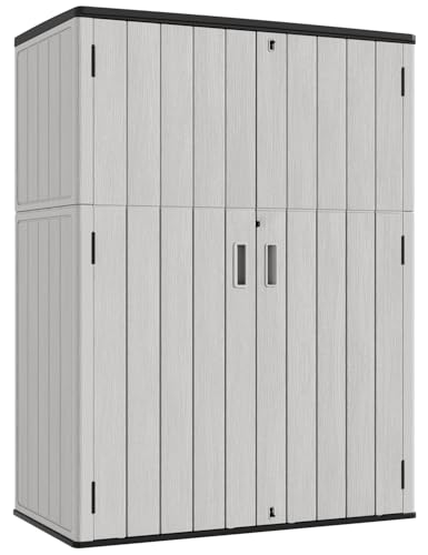 Image of KINYING Outdoor Vertical Storage Shed,57 Cu.ft Outdoor Storage Cabinet Waterproof,Resin Sheds & Outdoor Storage Clearance for Garden,Patio,Backyard,Lockable (Grey)