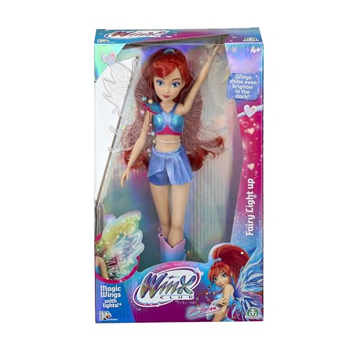 Winx Boneca de fadas com asas iluminadas, Bloom com fato brilhante e asas brilhantes, boneca moderna de 27 cm com extremidades articuláveis, asas iluminadas interativas para jogo mágico