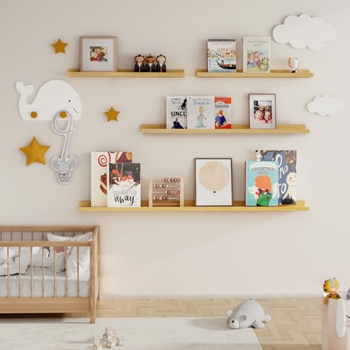 Fun Memories Picture Ledge Shelf, 36 Inch Floating Shelves Set of 2, Nursery Book Shelves for Toys Storage, Kids Bookshelf Wall Mounted for Wall Decor Books Photo Frames, Oak - Thumbnail 7