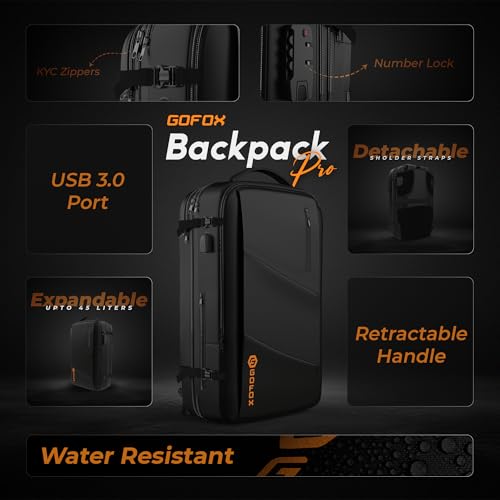 Image of Expandable Travel Backpack 45L, Anti-Theft Number Lock Laptop Bag for Men Women, Waterproof Carry-On Backpack with USB Charging Port, YKK Zippers, Clamshell Opening - Black