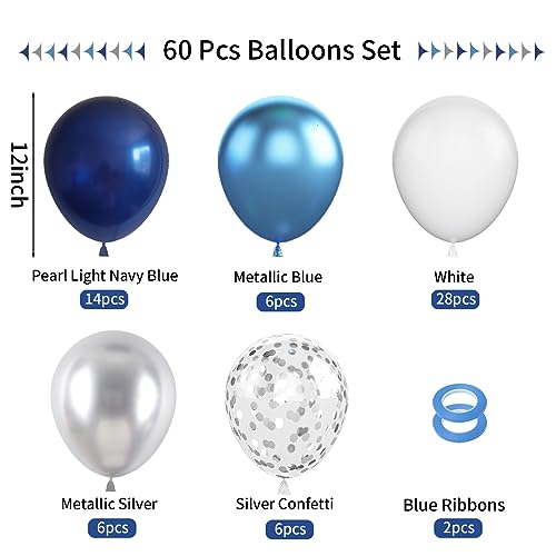 Image of Navy Blue & Silver Balloons - 60pc Metallic & Latex Mix, 12 inch White Balloons with Silver Confetti for Birthday, Baby Shower, Graduation & Wedding Parties