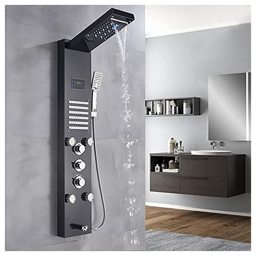 Saeuwtowy Columna de Hidromasaje Ducha Moderna 5 Función con Luces Led Panel de Ducha Hidromasaje Columna de Hidromasaje de Ducha de Cascada de Acero Inoxidable Negro