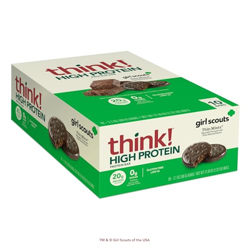 think! Protein Bars, High Protein Snacks, Gluten Free, Low Sugar Energy Bar with Whey Protein Isolate- Chocolate Mint, Pack of 10