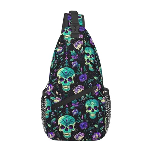 Sugar Skull Day of The Dead Flowers Sling Backpack Unisex Crossbody Chest Bag Shoulder Chest Bag For Women Men Hiking Travel