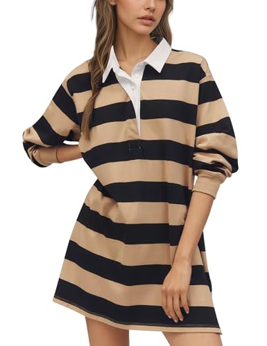 Women Striped Polo Sweatshirt Dress Long Sleeve Oversized Collared Pullover Button Front Casual Mini Dresses