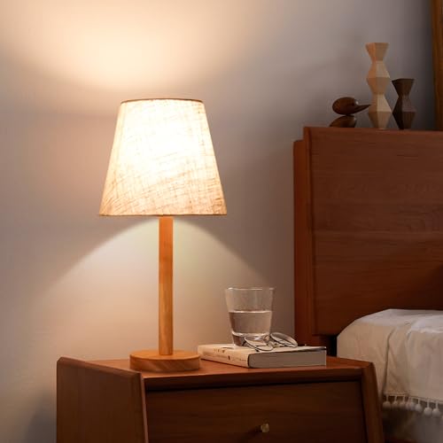 Necomi Bedside Table Lamp, Bedside Lamp with USB Switch Cable, Minimalist Solid Wood Round Base Nightstand Light for Living Room, Kids Room, Office