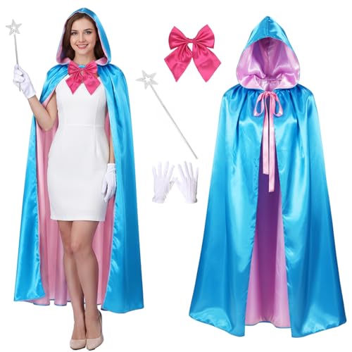 Kolacoo Hooded Blue Fairy Cape Costume Adult Women Polyester Princess Cloak Star Magic Wand & Ribbon Glove Set for Dress up (4FT)