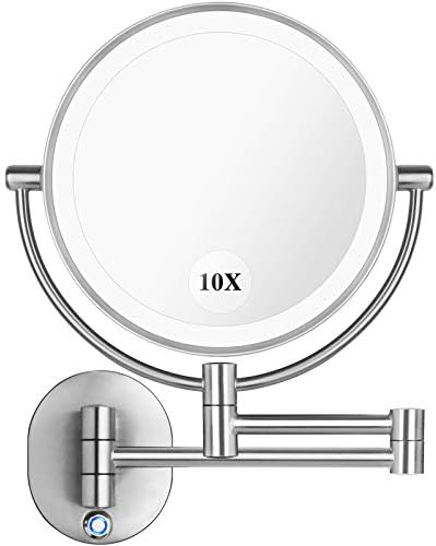 Pansonite LED Wall Mount Makeup Mirror with 10x Magnification, 8.5'' Double Sided 360° Swivel Vanity Mirror with 13.7" Extension and Adjustable Light for Bathroom & Bedroom, Brushed Finished