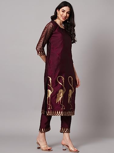 Image of VredeVogel Women's Cotton Silk Jacquard Kurta Pant Set with Banarasi Silk Dupatta