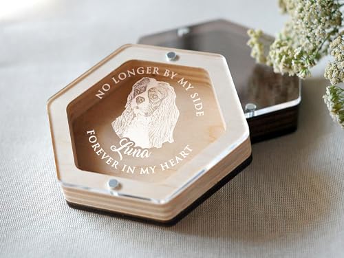 Image of Personalized Pet Hair Keepsake Box for Dog and Cat Fur - Engraved Wood Memorial Box - Unique Customized Gift for Loss of Furry Friend Wooden (Light Diamand Clear Lid, With Photo)
