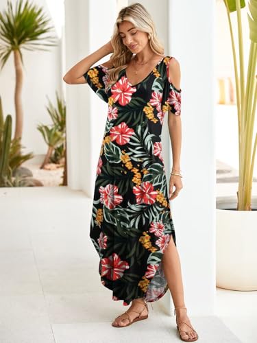 Image of BELAROI Womens Cold Shoulder Maxi Dress Plus Size V Neck Summer Sundresses with Pockets Beach Coverup Vacation Outfits