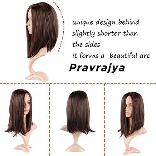 PRAVRAJYA Women's Hair Extension 14 Inch Short Straight Brown Bob Cut Wig Shoulder Length Hair Wigs with Bangs for Daily Use (Brown)