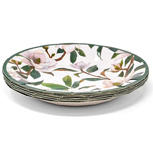 Magnolia Floral Disposable Tableware Party Supplies Set White Flowers With Green Leaves 24 9" Plates 7" Paper Plate 24 9 Oz Cups 24 Lunch Napkins For Baby Shower Tea Birthday Spring Dinnerware Decor #TOP4